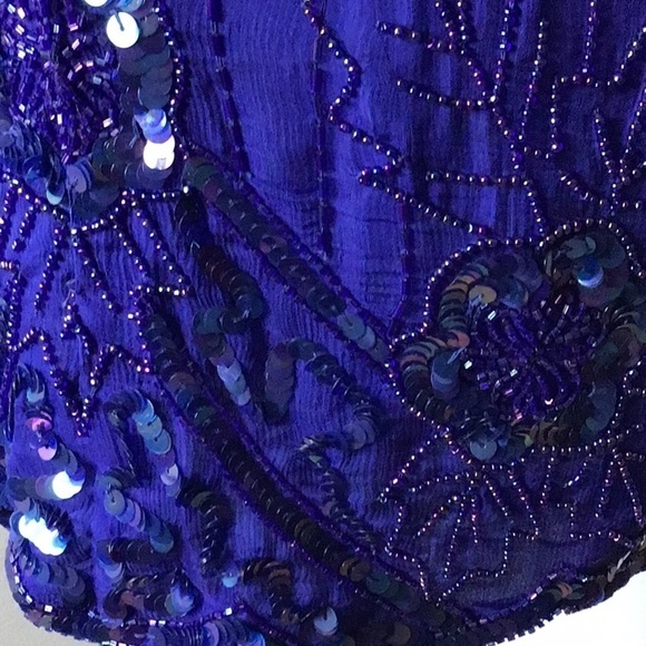 Vintage Laurence Kazar Blue Silk Sequined Scalloped Blouse size Large - Picture 7 of 8